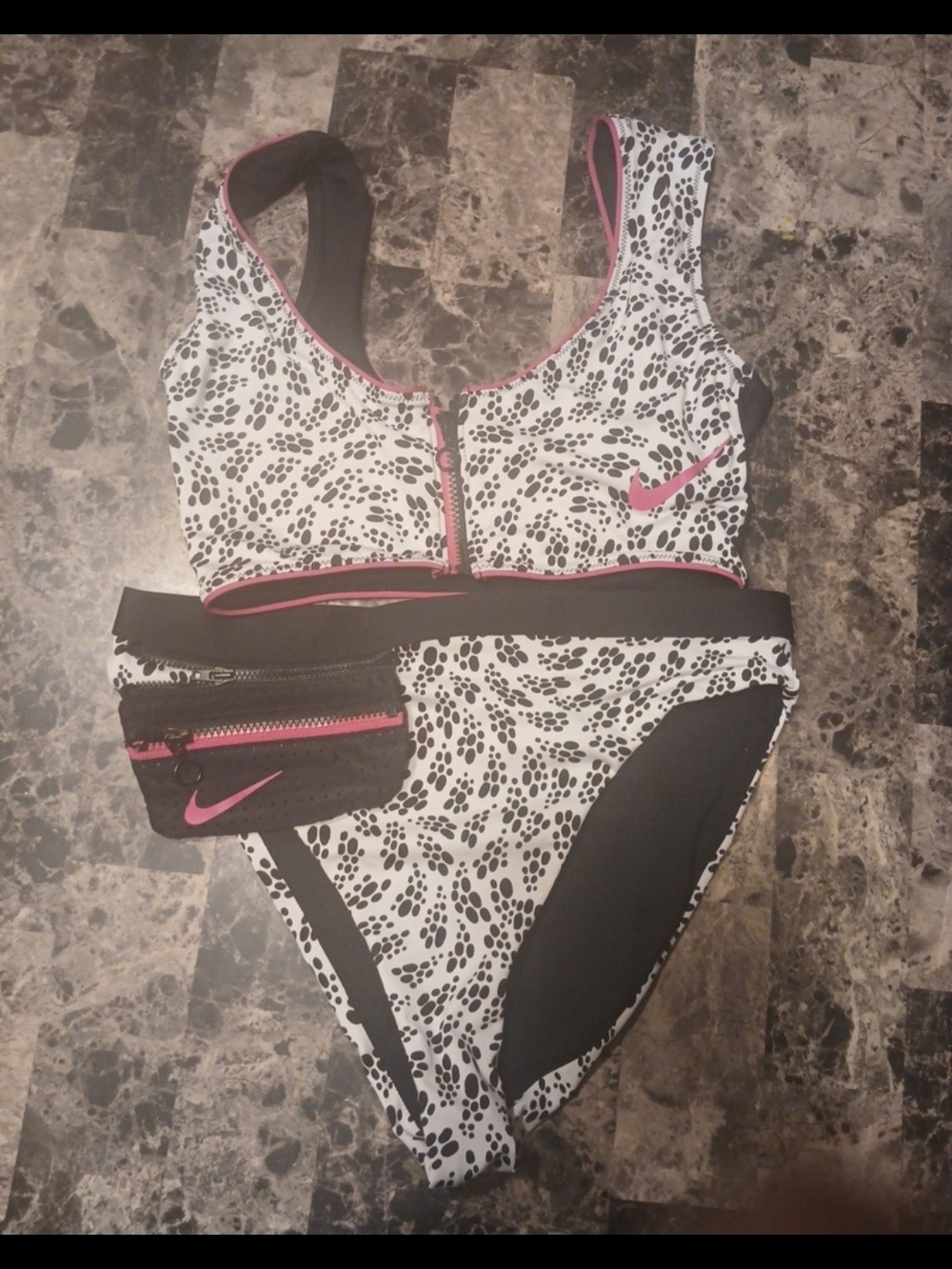 Nike Two-Piece Swim Set in White with Black Spots & Pink Accents